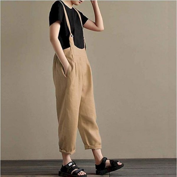 Women's Fashion Chino Breathable Soft Linen Loose Daily Weekend Overalls Pants Plain Full Length Pocket Wine Gray Khaki Black