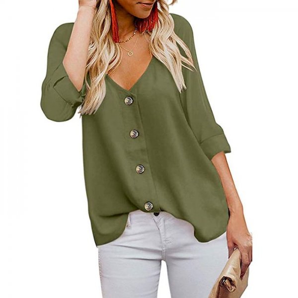 women's v-neck shirt fashion 3/4 sleeve button loose solid color t-shirt top summer casual buttoned shirt top meeya gray